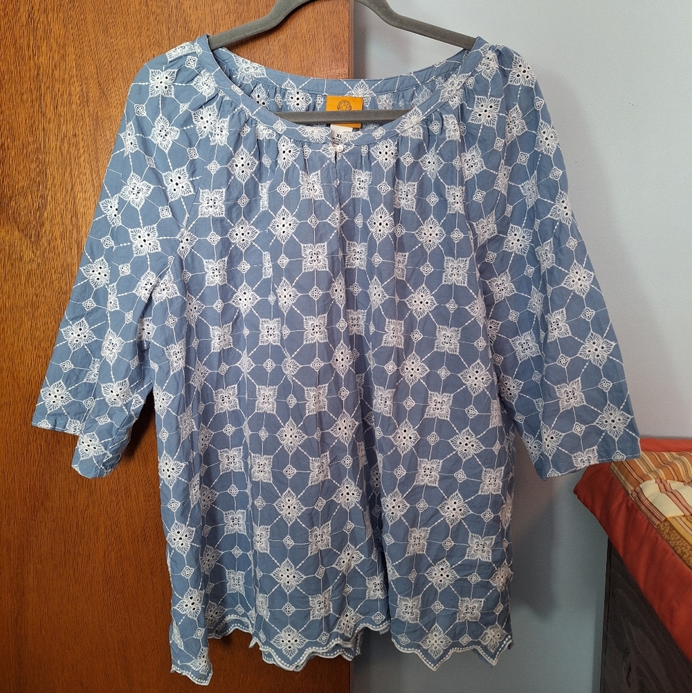 Ruby Rd Blue Eyelet Lace 100% Cotton Women's Top 3/4 Sleeves Women's Size XL